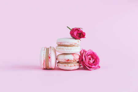 Tasty french macaroons with tender rose on a pink pastel background. Place for text.の写真素材