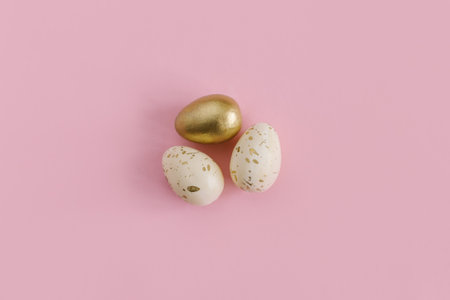 Easter eggs on a pink background. Pastel colors. Flat lay.の写真素材