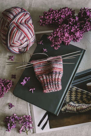 Hand knitting sock with needles, yarn and branches of blossoming lilac. Concept for handmade and...