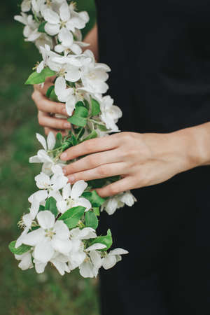 Branch of a blossoming apple tree in a woman's hands. Spring blossom. Selective focus.の写真素材