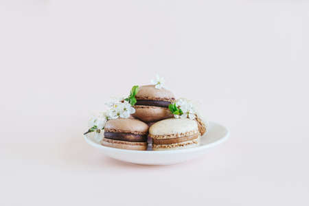 Tasty French macarons with spring blossom on a pastel background. Place for text.の写真素材