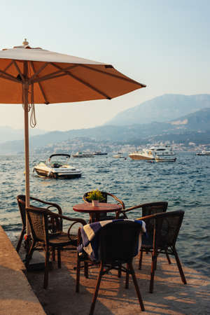 Amazing view of the sea from the beach cafe, Rose, Montenegro. Beautiful sunny day.の写真素材