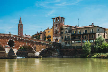 Panoramic cityscape view of Verona old town and Adige river. Travel destination in Italy.の写真素材