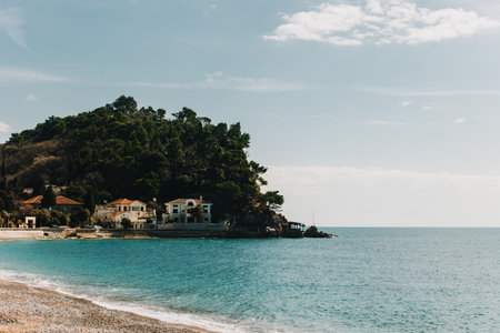 Amazing view of Petrovac town and the sea in a sunny day. Travel destination in Montenegro.の写真素材