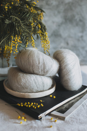 Balls of wool yarn for hand knitting on a notebook. Concept for handmade. Place for text.の写真素材