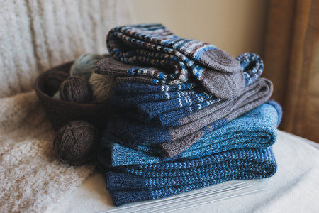Hand knitted socks with needles and yarn ball in a basket. Concept for handmade and hygge slow life.の写真素材