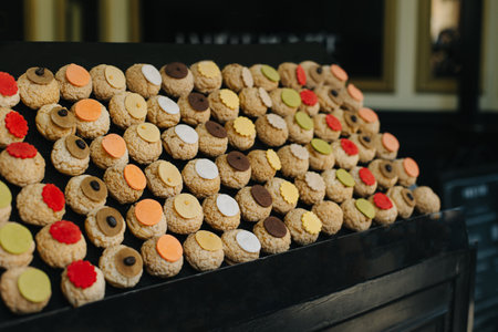 Colorful Choux cakes in a Parisian cafe. French pastries.Selective focus.の写真素材