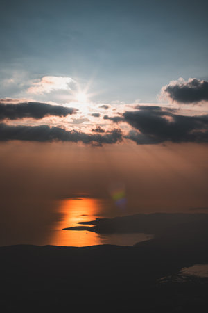 Amazing sunset sky with colorful dramatic clouds. Place for text.の写真素材