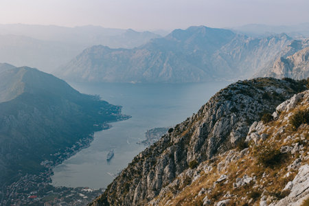 Amazing view of Kotor city and Boko-Kotor Bay from the hill, Montenegro. Travel destination in...
