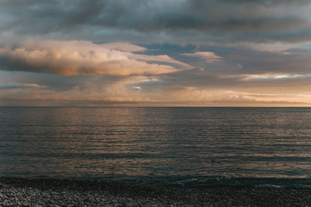 Amazing view of an Adriatic sea on a sunset, Montenegro. Beautiful cloudy sky. Travel destination in Montenegro.の写真素材