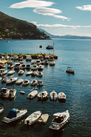 Boats in the Adriatic sea near Dubrovnik city on a sunset. Travel destination in Croatia.の写真素材