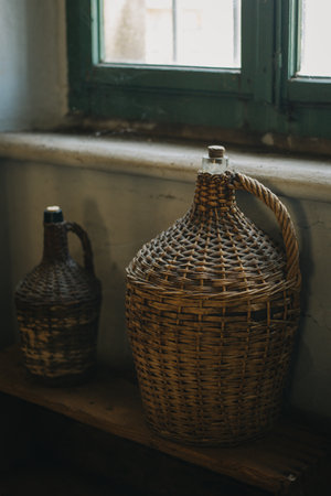 Vintage wicker wine bottles near the window. Selective focus.の写真素材