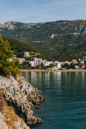 Amazing view of the Adriatic sea and mountains in Becici near Budva. Travel destination in Montenegro.の写真素材