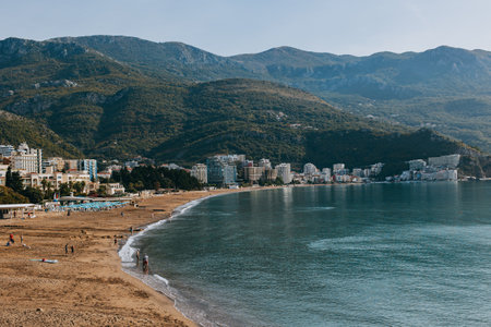 Amazing view of the Adriatic sea and a beach in Becici near Budva. Travel destination in Montenegro.