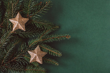 Spruce branches with golden sparkling stars on a dark green background. Flat lay. Place for text.の写真素材