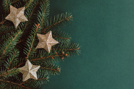 Spruce branches with golden sparkling stars on a dark green background. Flat lay. Place for text.の写真素材