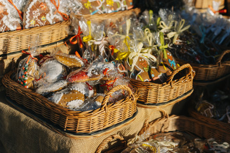 Delicious gingerbread cookies in a basket at the Christmas market. Selective focus.