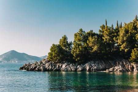 Amazing view of the Adriatic sea near Sv. Stefan, Montenegro. Travel destination in Montenegro.の写真素材