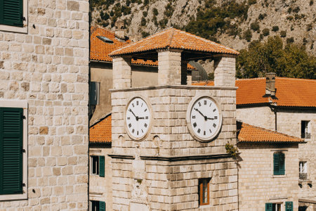 Amazing view of Kotor old city and the clock tower in a sunny day. Travel destination in Montenegro.の写真素材