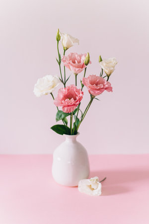 Beautiful white and pink Eustoma (Lisianthus) flowers in a vase on a pink pastel background. Place for text.の写真素材