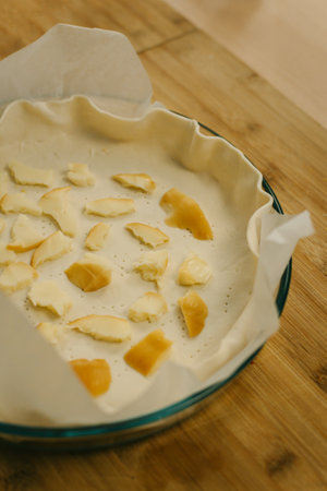 Traditional Italian pie before baking in the kitchen.の写真素材