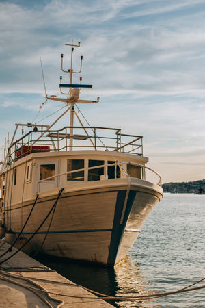 Beautiful boat in the sea near Trogir old town, Croatia in a sunny day. Travel destination in Croatia.の写真素材
