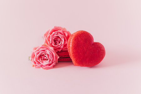 Pink heart shaped French macarons with rose flowers on a pink pastel background. Concept for Valentine's day. Place for textの写真素材