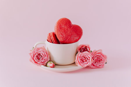 Pink heart shaped French macarons with rose flowers on a pink pastel background. Concept for Valentine's day. Place for text.の写真素材