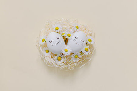 Cute Eggs with daisy flowers in a nest on a yellow pastel background. Easter background. Place for text.の写真素材