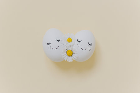 Cute Eggs with daisy flowers on a yellow pastel background. Easter background. Place for text.の写真素材