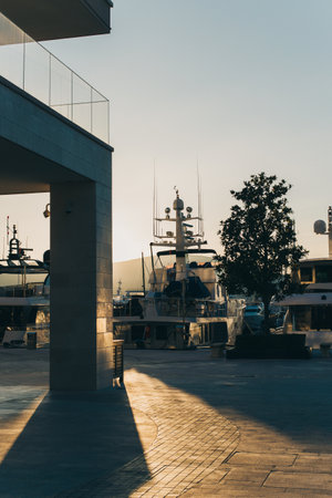 Amazing view of a marina and boats in Porto Montenegro on a sunset. Travel destination in Montenegro.の写真素材