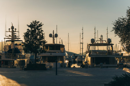 Amazing view of a marina and boats in Porto Montenegro on a sunset. Travel destination in Montenegro.の写真素材