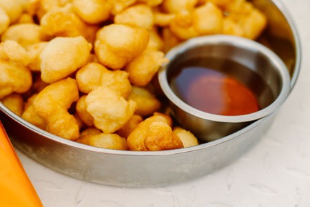 Traditional montenegro breakfast - donuts with honey. Close up. Selective focus.の写真素材