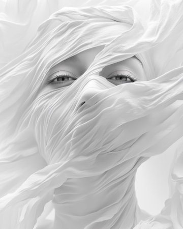 Surreal concept. Close up beautiful girl with white flying fabric in white color. White background, white monochrome color, minimalism.の素材