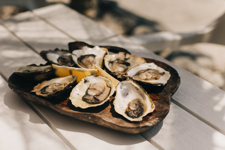 Delicious oysters with lemon on a wooden plate in restaurant by the sea. Close up.の写真素材