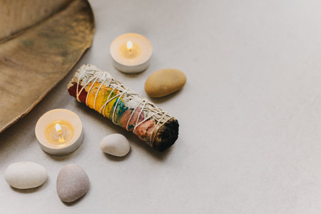 White sage and candle with stones for meditation. Minimalism. Calm and mindfulness. Place for text.の写真素材