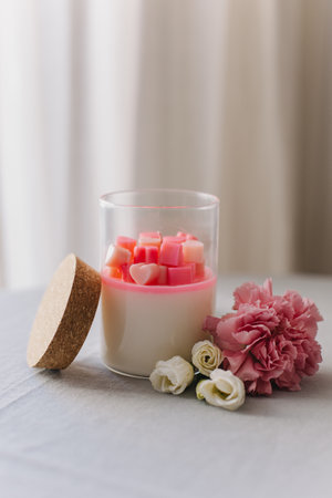 Tender white candle with small bright pink hearts. Pink and white flowers on a background.の写真素材
