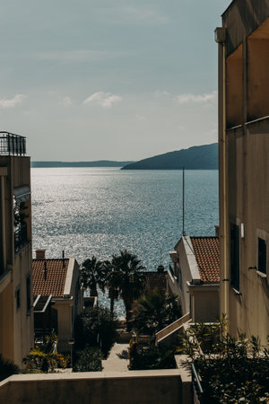 Amazing view of the Adriatic sea from the street of Herceg Novi in a sunny day, Montenegro. Travel destination in Montenegro.の写真素材