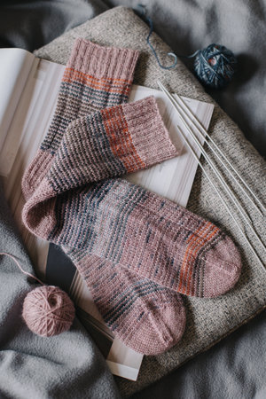 Cozy hand knitted socks with needles and yarn ball. Concept for handmade and hygge slow life.の写真素材