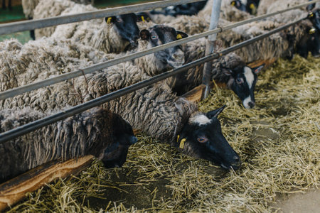 Cute gray and black sheep eating on a farm. Selective focus.の写真素材