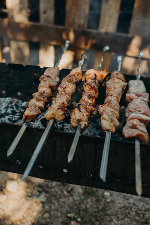 Delicious grilled meat on a barbecue. Close up. Picnic menu. Selective focus.の写真素材