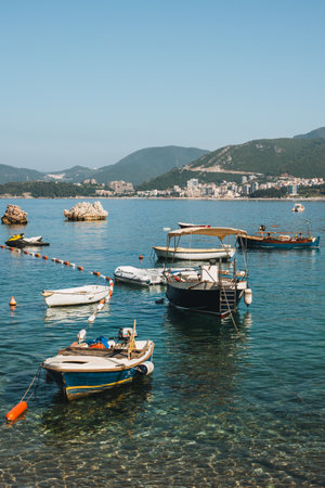 Amazing view of the Adriatic sea and boats near Budva, Montenegro. Travel destination in Montenegro.の写真素材