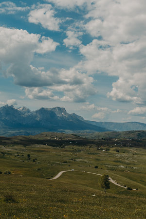 Amazing view of valley and mountains in Durmitor National Park, Montenegro on a sunny summer day....