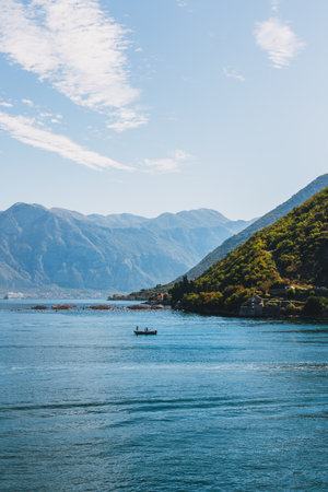 Amazing view of Boko-Kotor Bay and mountains in Montenegro. Beautiful cloudy sky. Travel destination in Montenegro.の写真素材