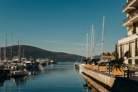 Amazing view of Porto Montenegro, Tivat and the boats in a marina on a sunny day. Travel destination in Montenegro.の写真素材