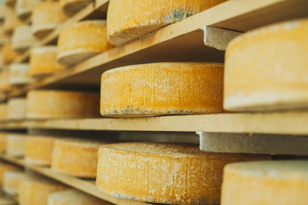 Heads of old cheese on a shelfs at a cheese factory. Close up.