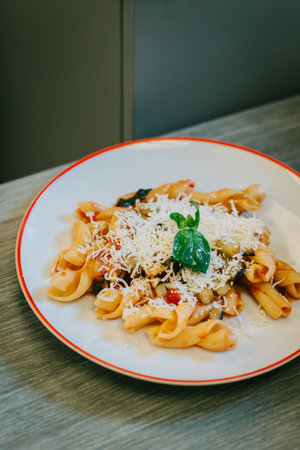 Tasty traditional Italian pasta for lunch in a cafe. Italian cuisine. Selective focus.の写真素材