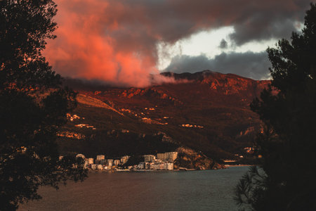 Amazing view of the Adriatic sea and mountains in Becici near Budva on a sunset. Travel destination...