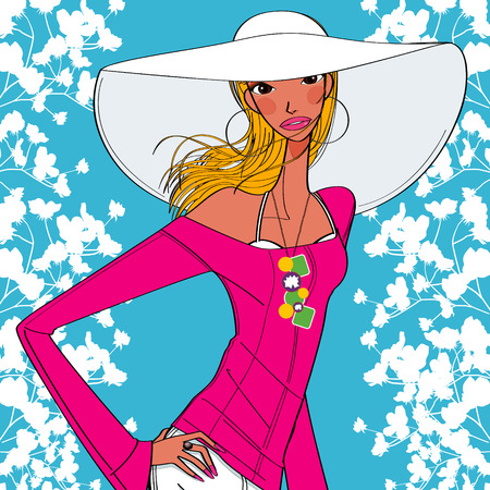 beautiful women in wide brimmed hatのイラスト素材