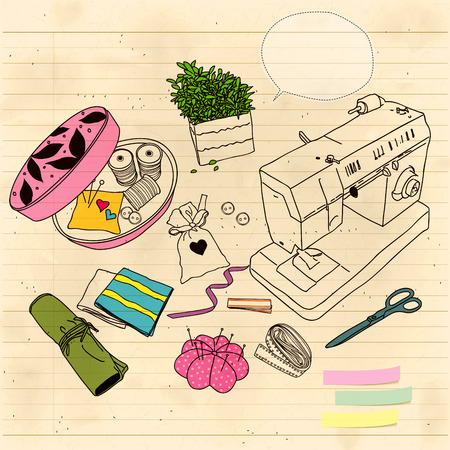 sewing machines, stitching, buttons, needles, sketch, arrangement, repair, vintage, Ribbon, vectorのイラスト素材